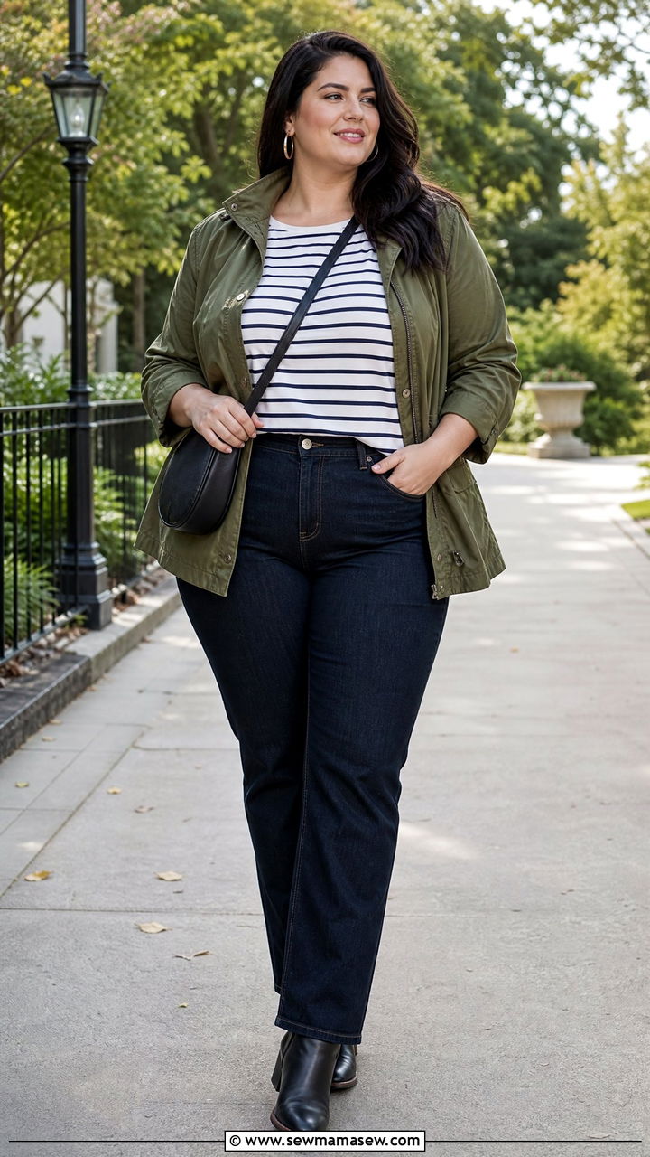 Plus Size Striped T Shirt With Utility Jacket - 20 plus size striped t shirt outfit ideas