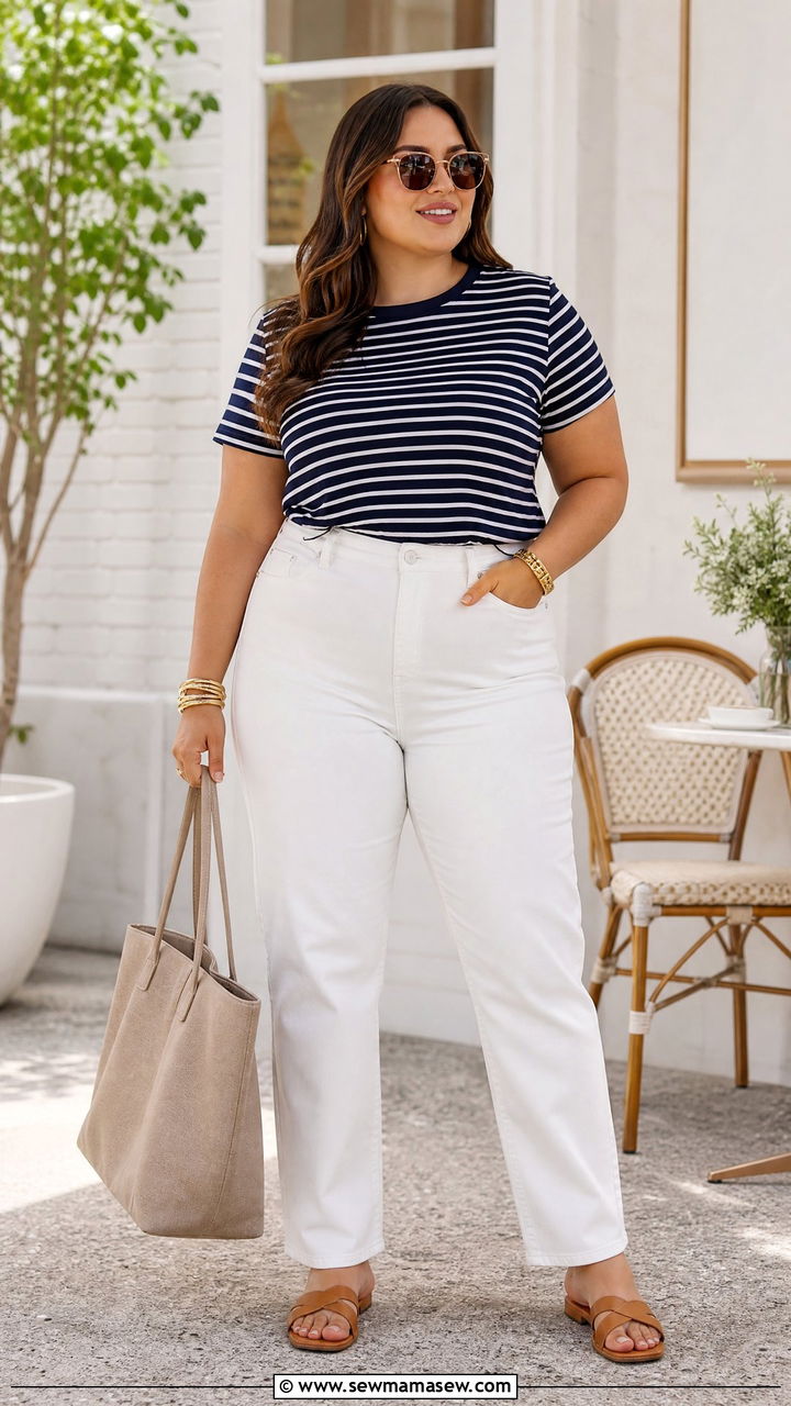 Plus Size Striped T Shirt With White Jeans - 20 plus size striped t shirt outfit ideas