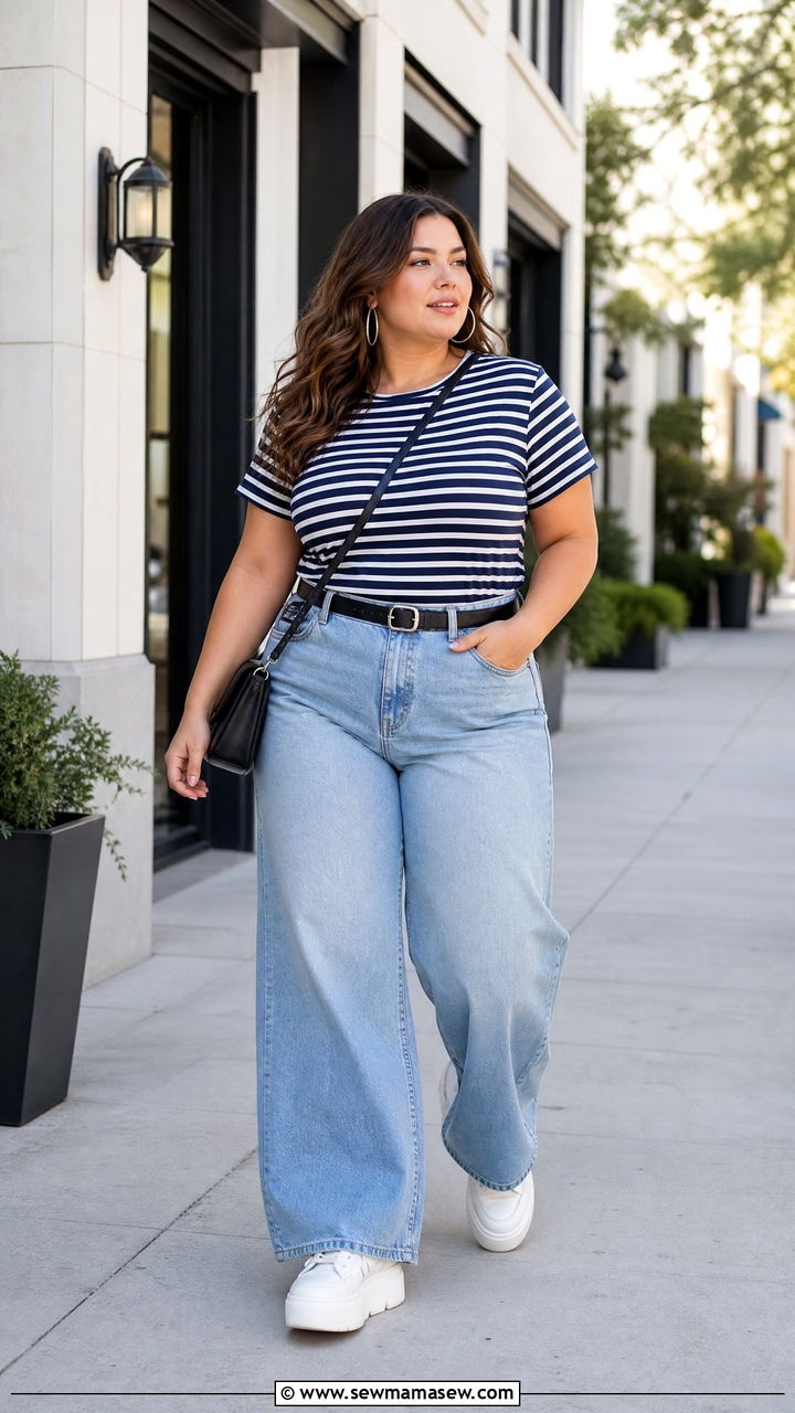 Plus Size Striped T Shirt With Wide Leg Jeans - 20 plus size striped t shirt outfit ideas