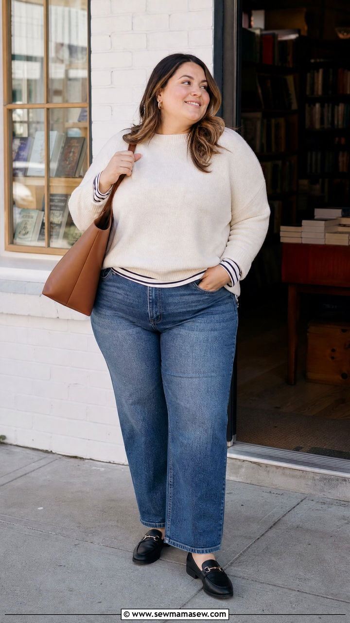 Plus Size Striped Tee Under Sweater Outfit - 20 plus size layered top outfit ideas