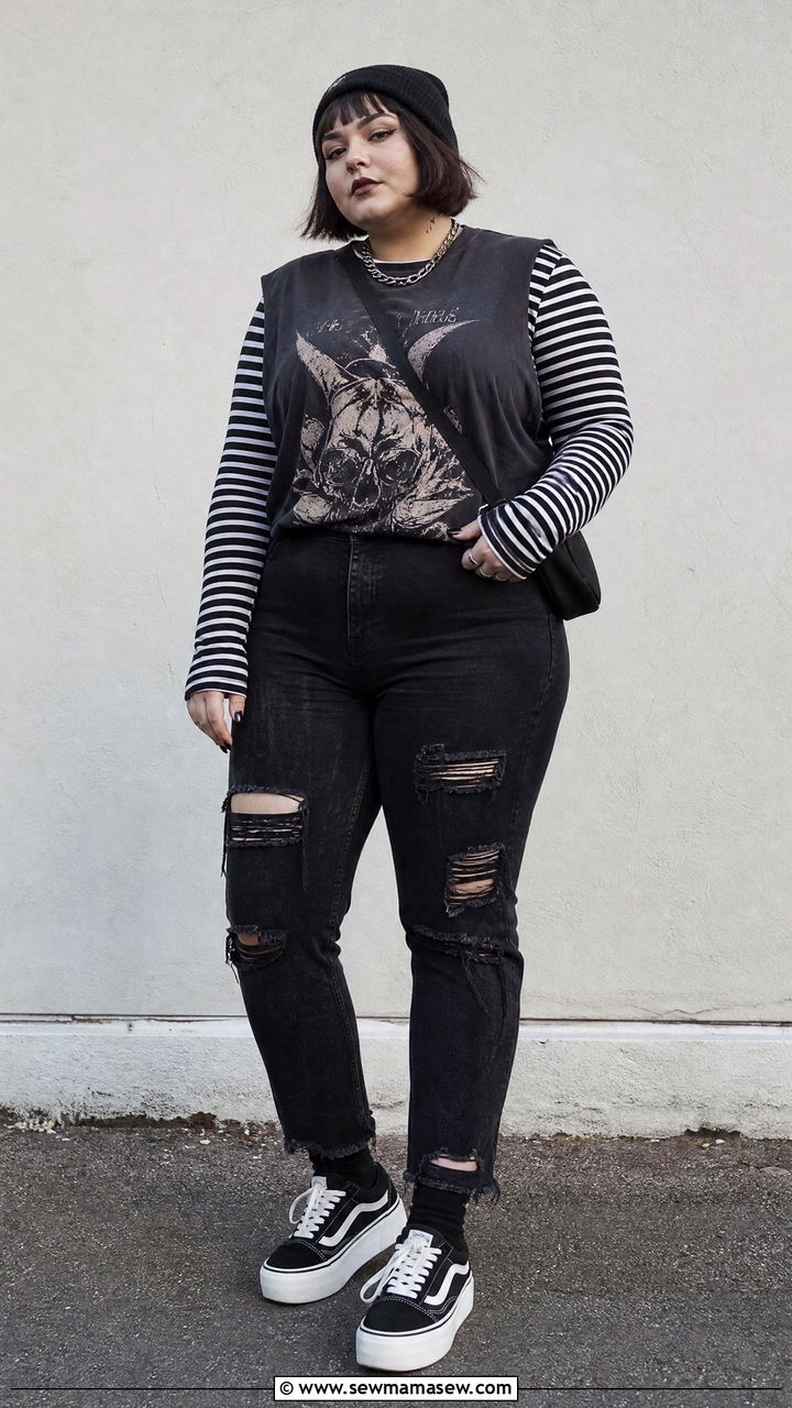 Plus Size Striped Top Grunge Outfit - 20 plus size grunge top outfit ideas