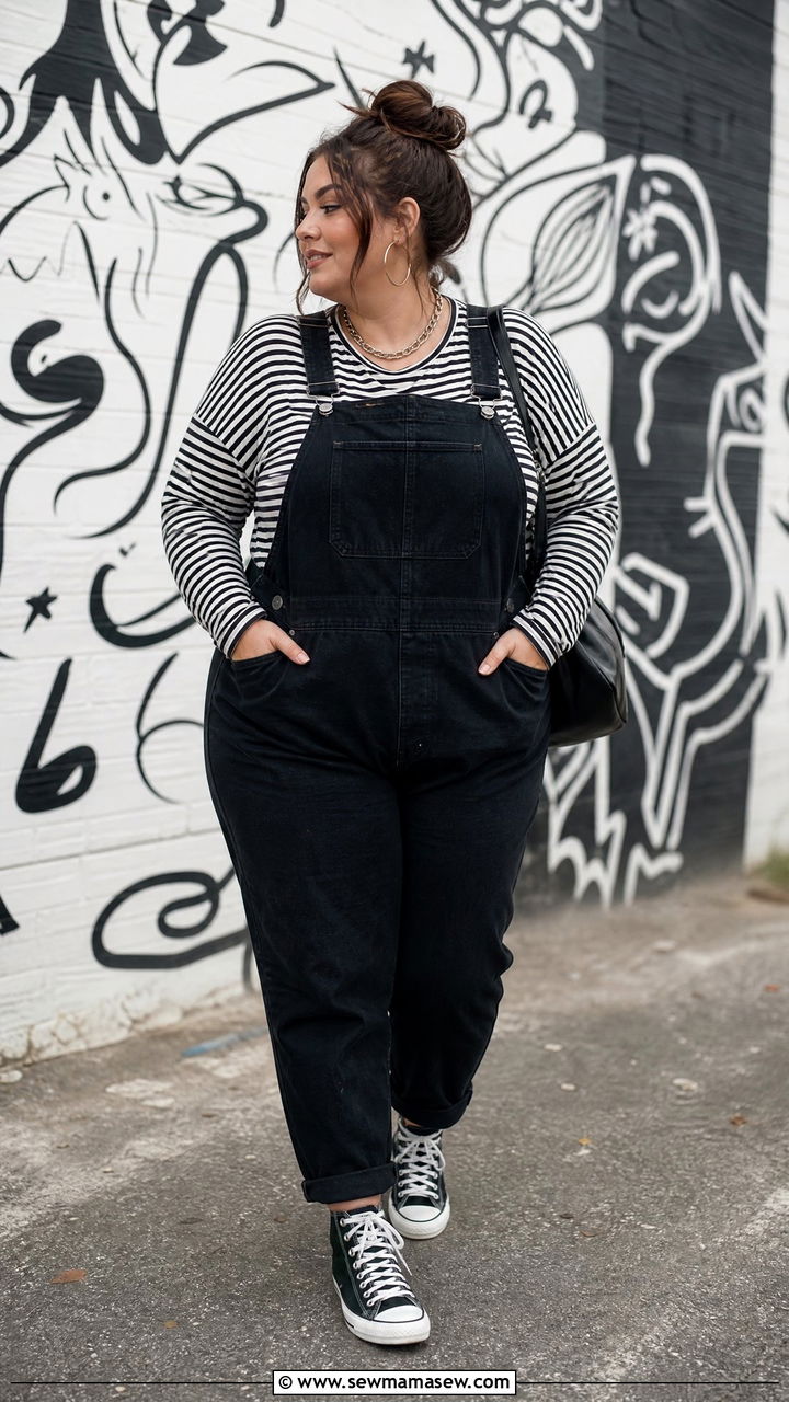 Plus Size Striped Top With Black Overalls - 20 plus size edgy top outfit ideas