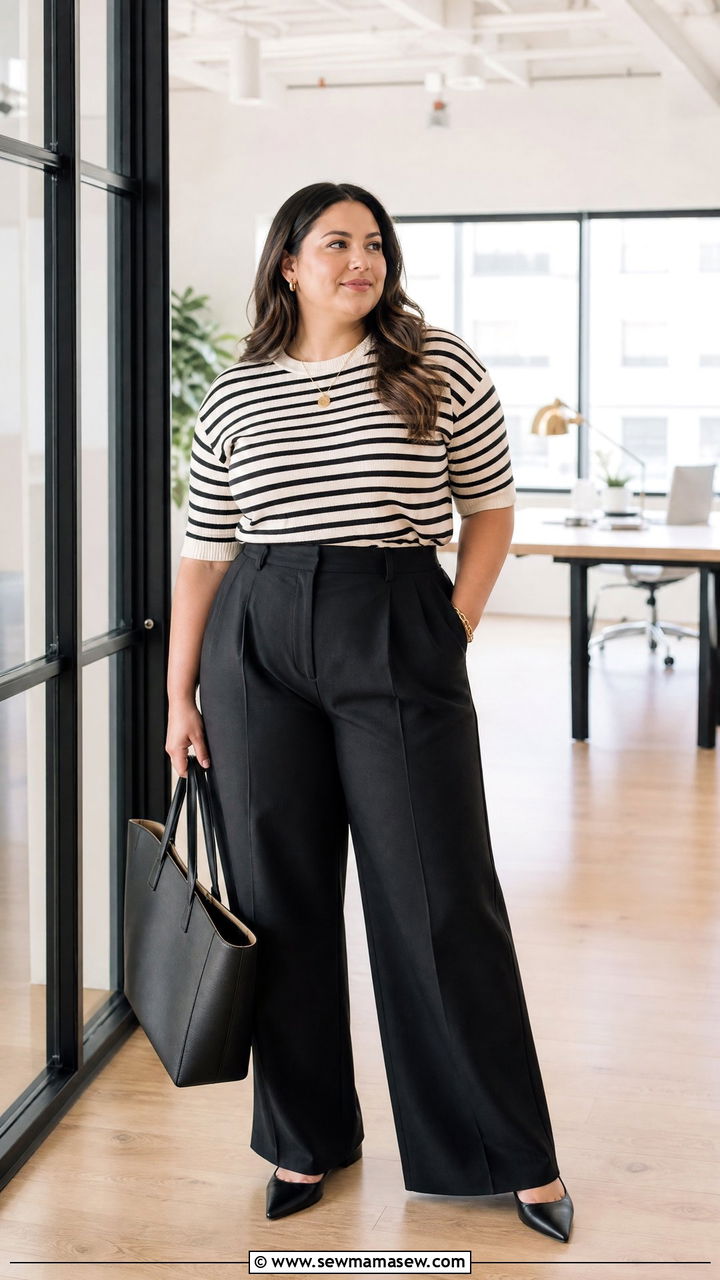 Plus Size Striped Top With Black Trousers - 20 plus size striped top outfit ideas