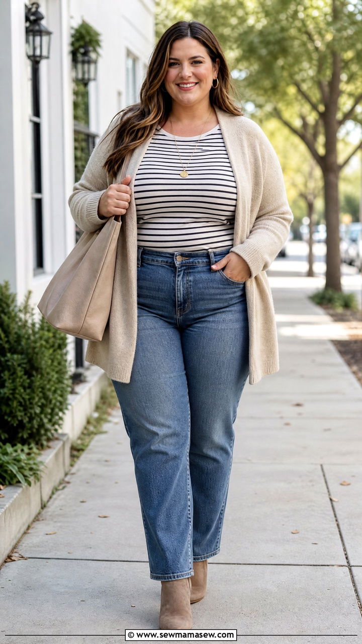 Plus Size Striped Top With Cardigan And Jeans - 20 plus size striped top outfit ideas