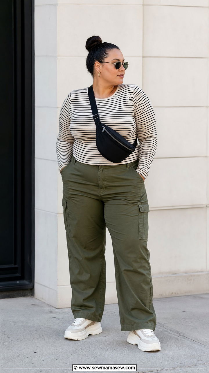 Plus Size Striped Top With Cargo Pants - 20 plus size striped top outfit ideas