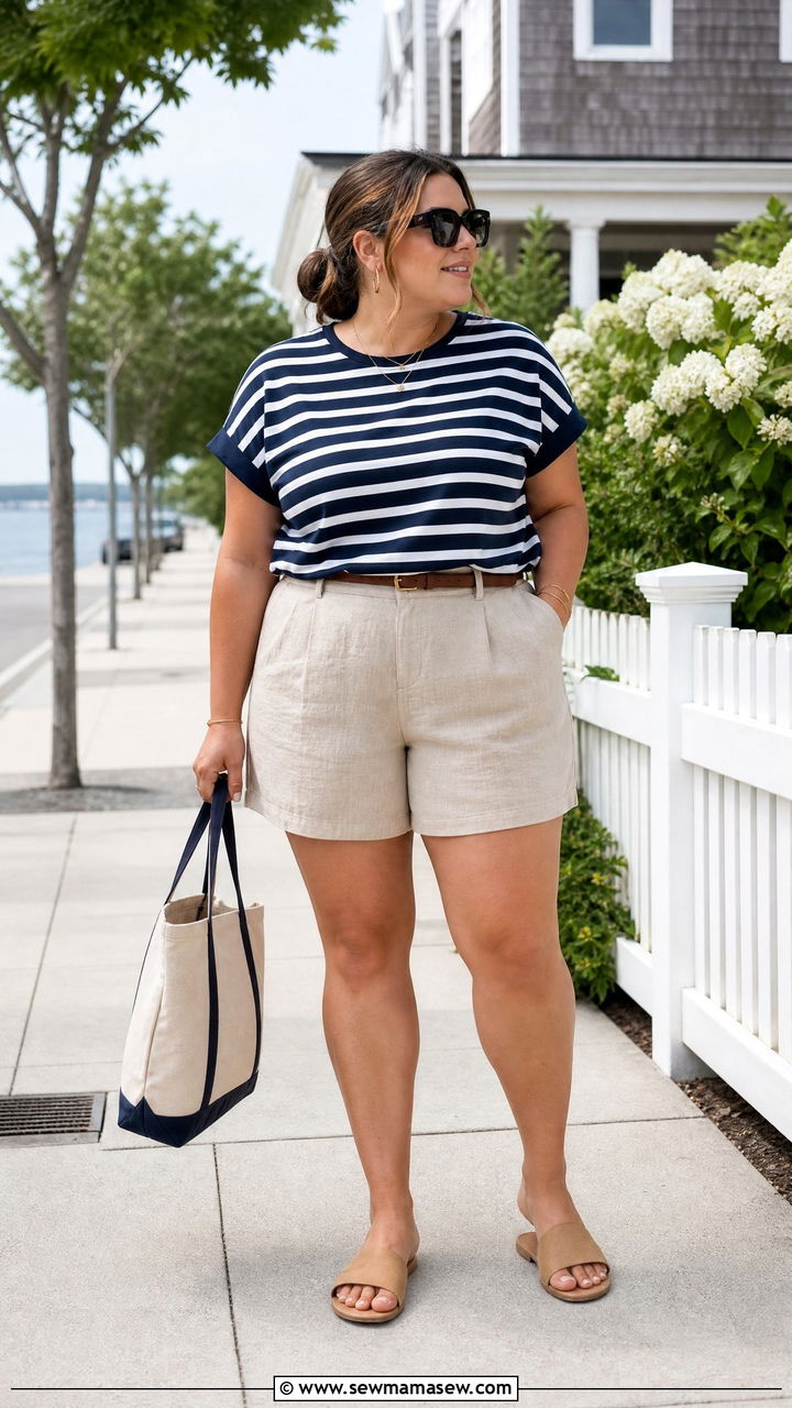 Plus Size Striped Top With Linen Shorts Outfit - 20 plus size cute summer tops outfit ideas