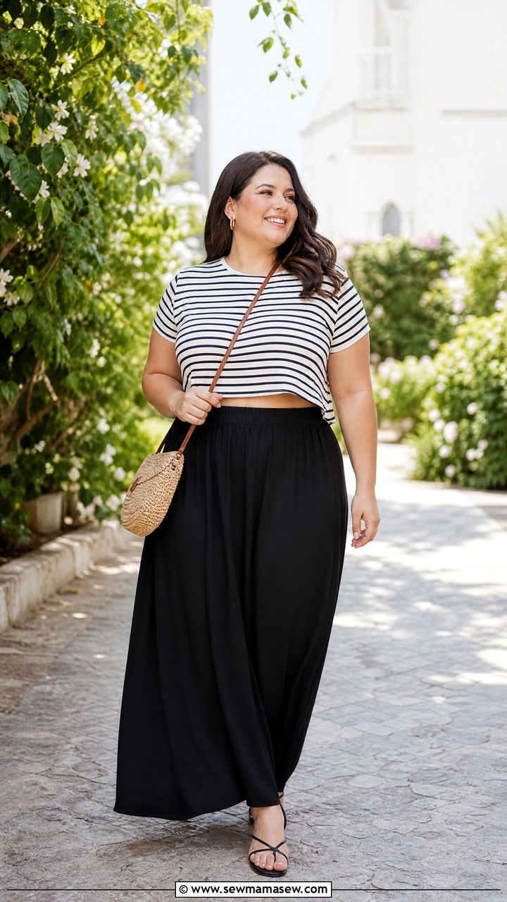 Plus Size Striped Top With Maxi Skirt - 20 plus size striped top outfit ideas