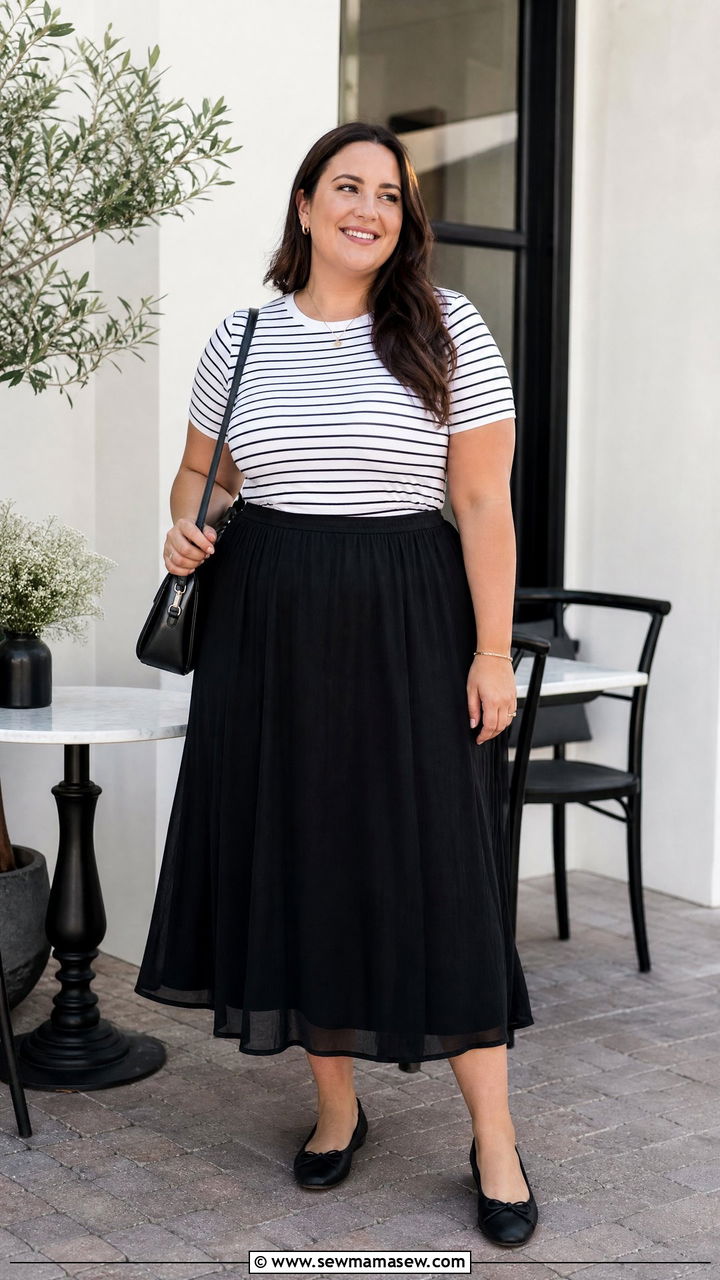 Plus Size Striped Top With Midi Skirt - 20 plus size striped top outfit ideas