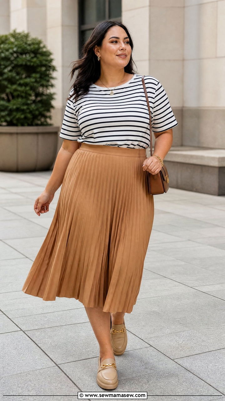 Plus Size Striped Top With Pleated Skirt - 20 plus size striped top outfit ideas