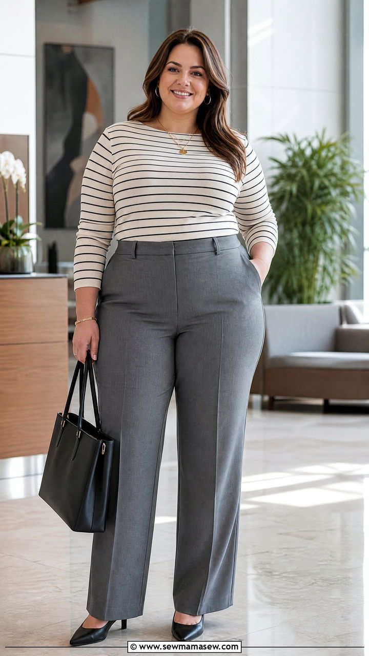 Plus Size Striped Top With Suit Pants - 20 plus size striped top outfit ideas