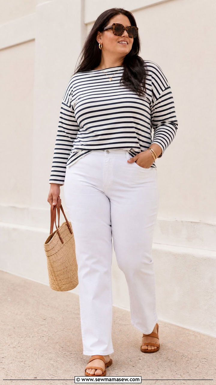 Plus Size Striped Top With White Jeans - 20 plus size off duty top outfit ideas