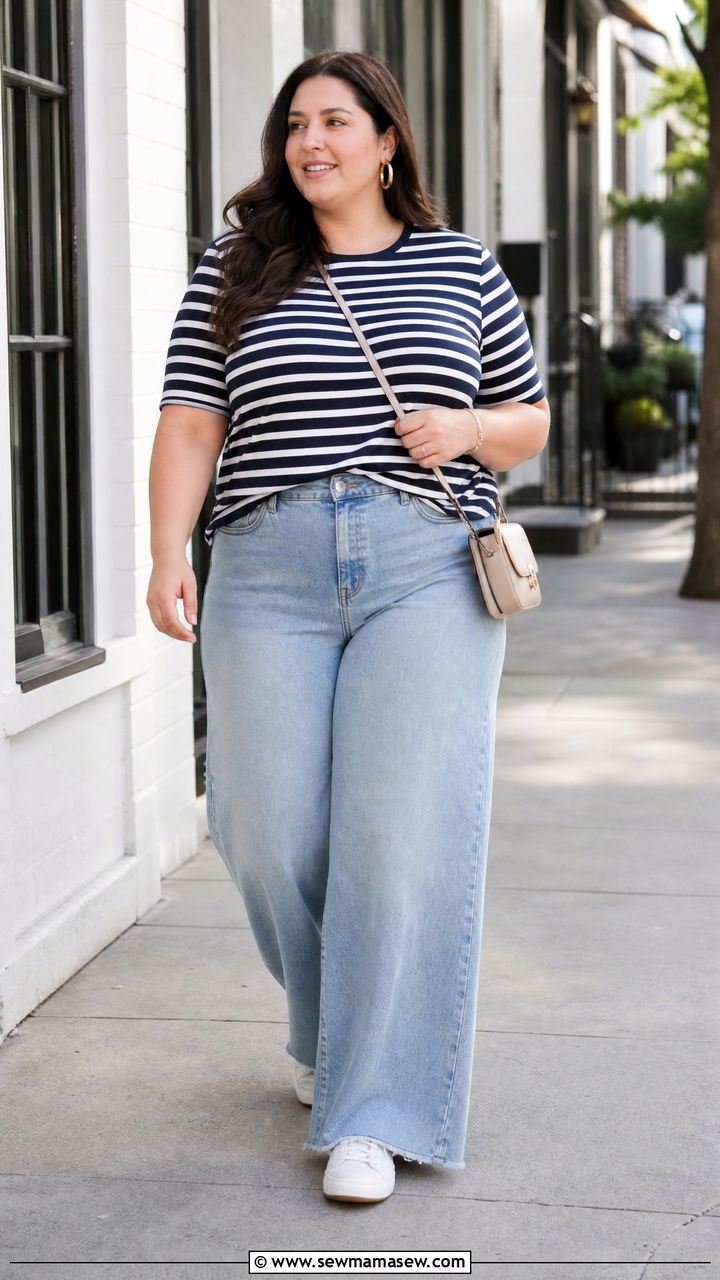 Plus Size Striped Top With Wide Leg Jeans - 20 plus size striped top outfit ideas