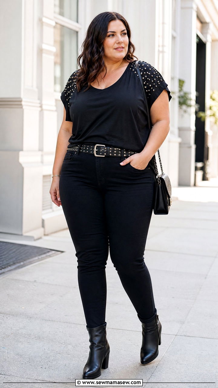Plus Size Studded Top With Black Skinny Jeans - 20 plus size edgy top outfit ideas