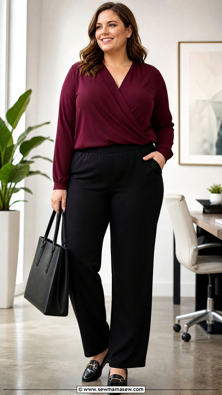 Plus Size Surplice Top With Pull On Trousers - 20 plus size tops for big bust outfit ideas