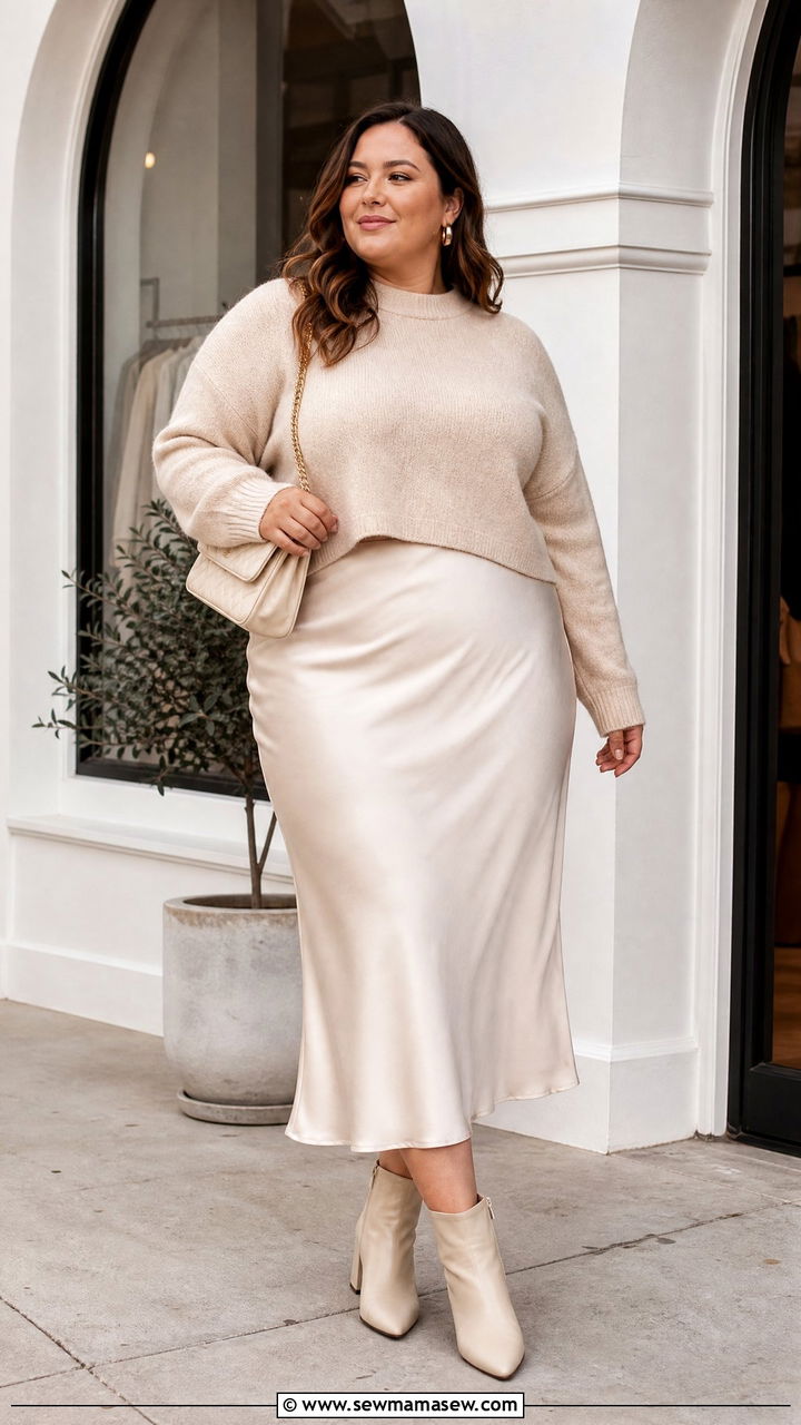 Plus Size Sweater And Satin Midi Skirt Outfit - 20 plus size outfits for thick thighs