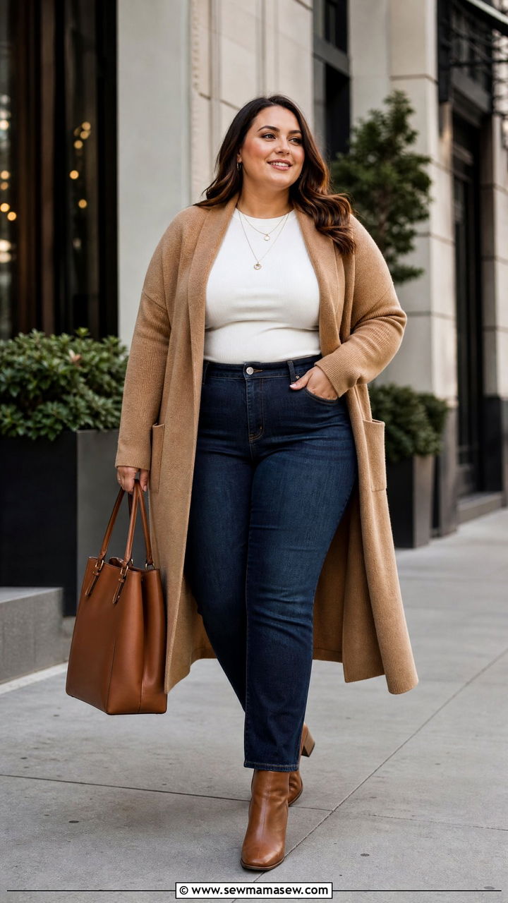 Plus Size Sweater Coat And Jeans Outfit - 20 plus size cozy sweater outfit ideas