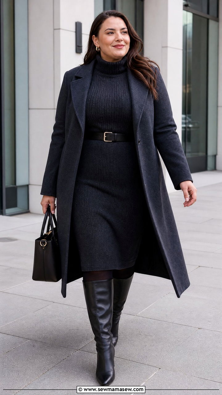 Plus Size Sweater Dress And Knee High Boots Work Outfit - 20 plus size winter outfit ideas for work