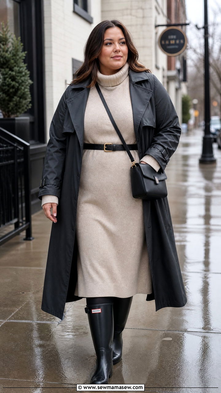 Plus Size Sweater Dress And Rain Boots Outfit - 20 plus size rainy day outfit ideas