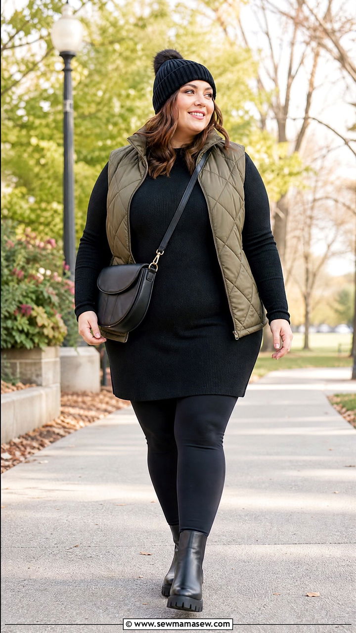 Plus Size Sweater Dress With Puffer Vest - 20 plus size sweater dress outfit ideas