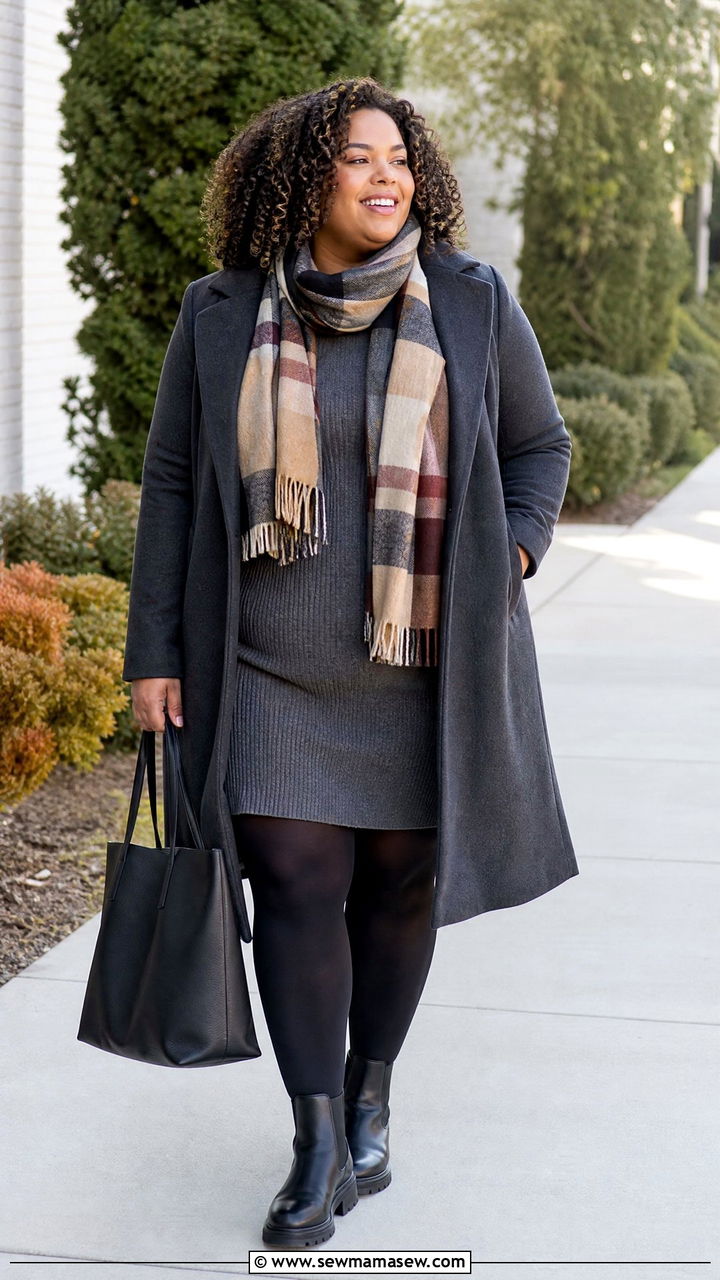 Plus Size Sweater Dress With Scarf And Boots - 20 plus size sweater dress outfit ideas
