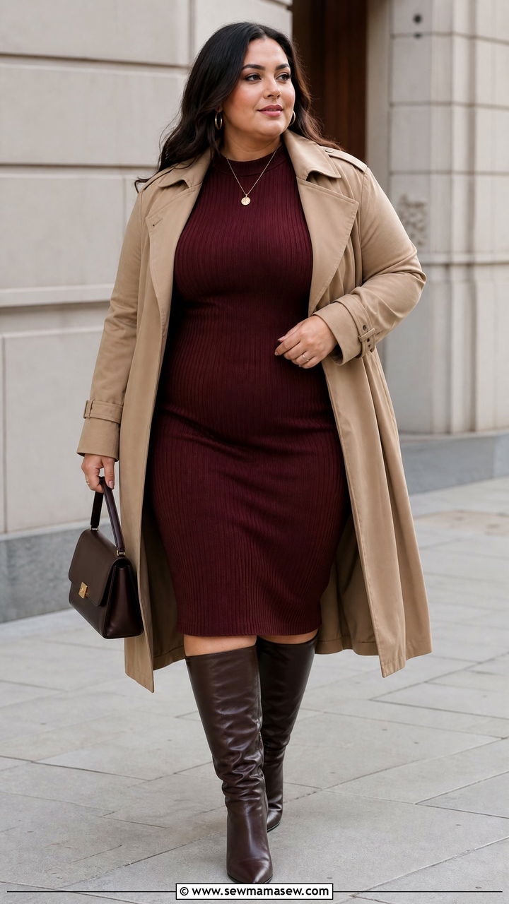 Plus Size Sweater Dress With Trench Coat Outfit - 20 plus size layered fall outfit ideas