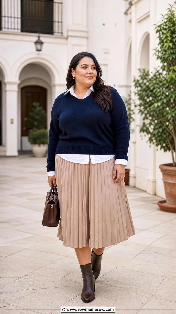 Plus Size Sweater Outfit With Button Down And Midi Skirt - 20 plus size layering outfit ideas