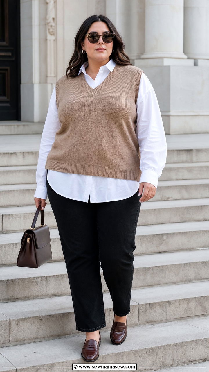 Plus Size Sweater Vest And Button Down Outfit - 20 plus size cozy sweater outfit ideas