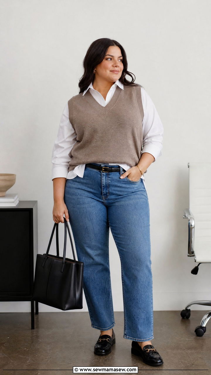 Plus Size Sweater Vest Outfit With Button Down Shirt - 20 plus size layering outfit ideas