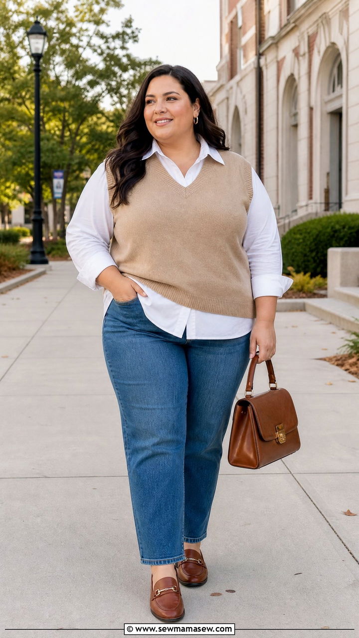 Plus Size Sweater Vest With Button Down Shirt - 20 plus size sweater weather outfit ideas