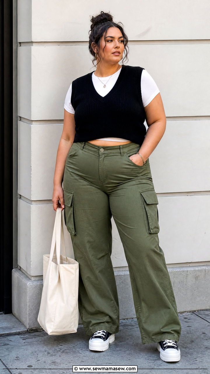 Plus Size Sweater Vest With Cargo Pants - 20 plus size sweater vest outfit ideas