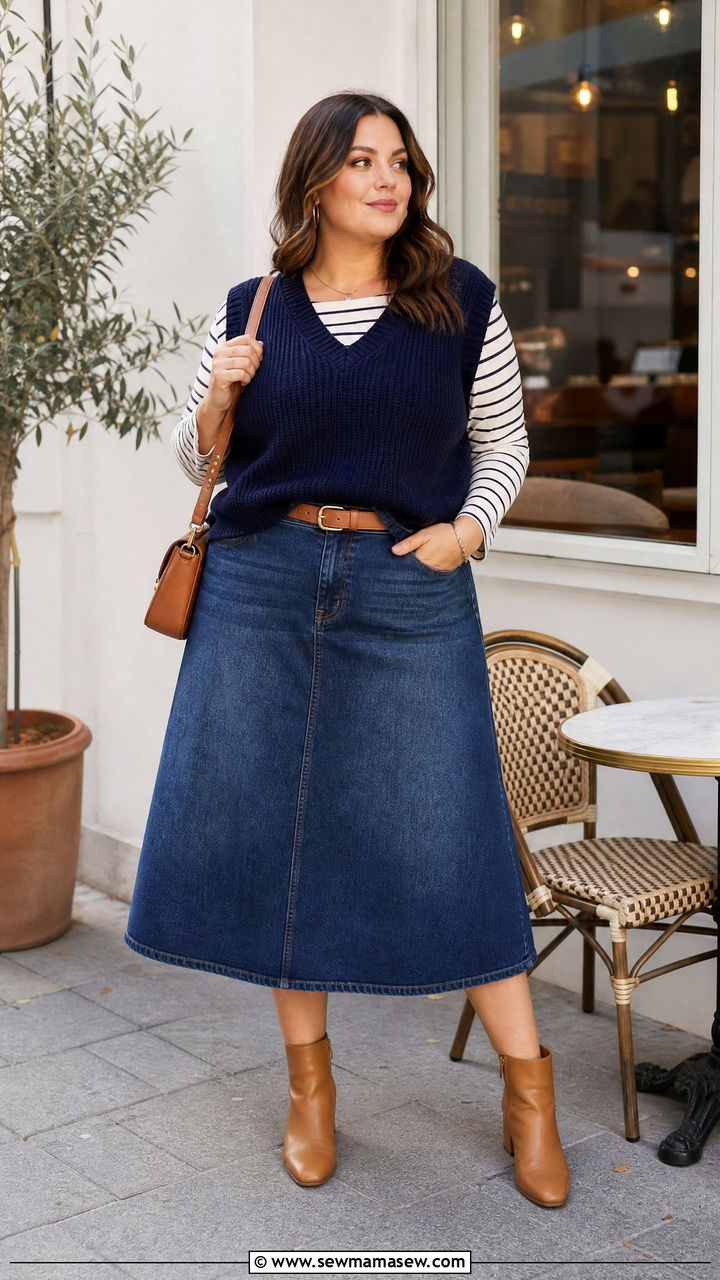 Plus Size Sweater Vest With Denim Skirt - 20 plus size sweater vest outfit ideas