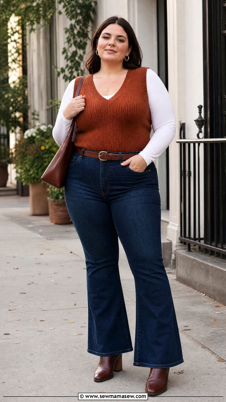 Plus Size Sweater Vest With Flare Jeans - 20 plus size sweater vest outfit ideas