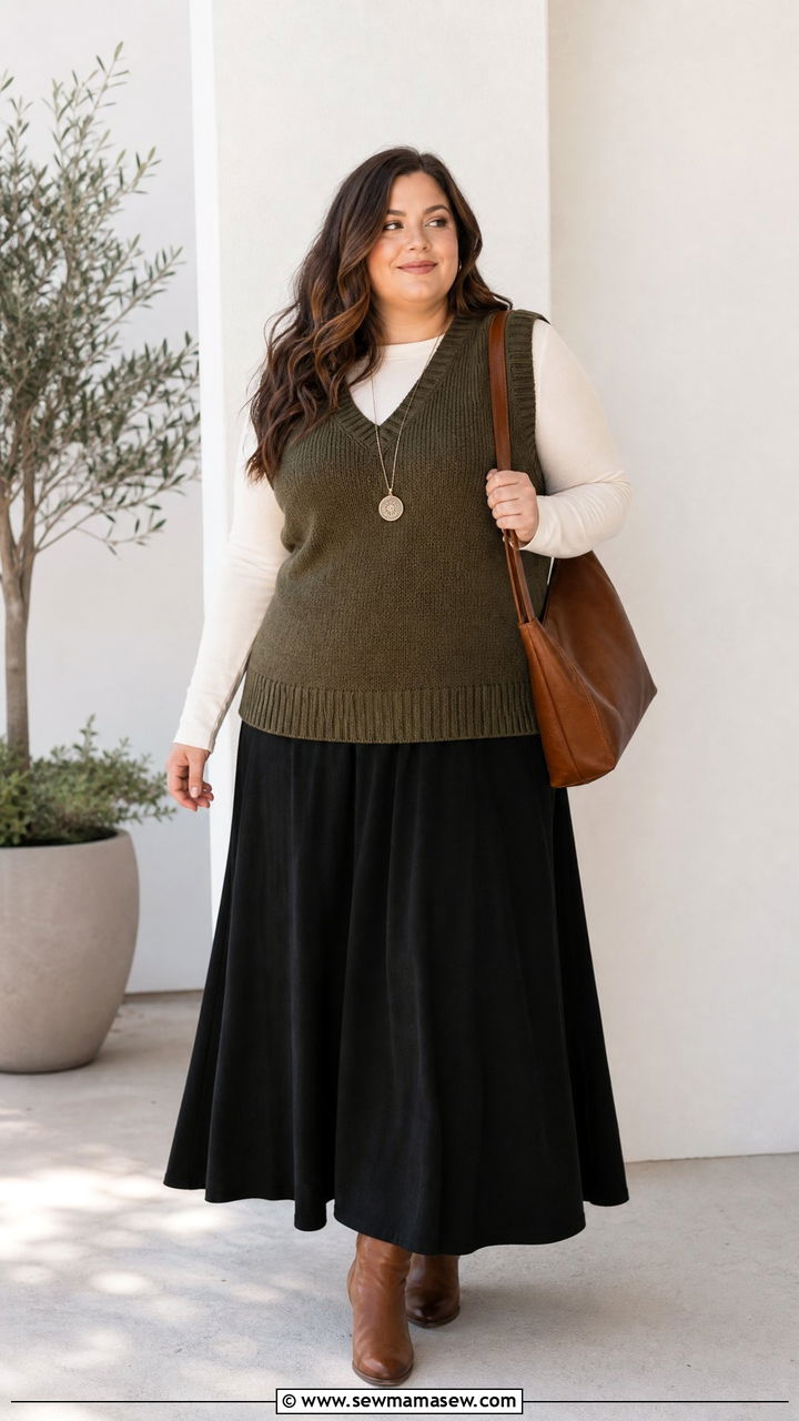 Plus Size Sweater Vest With Maxi Skirt - 20 plus size sweater vest outfit ideas