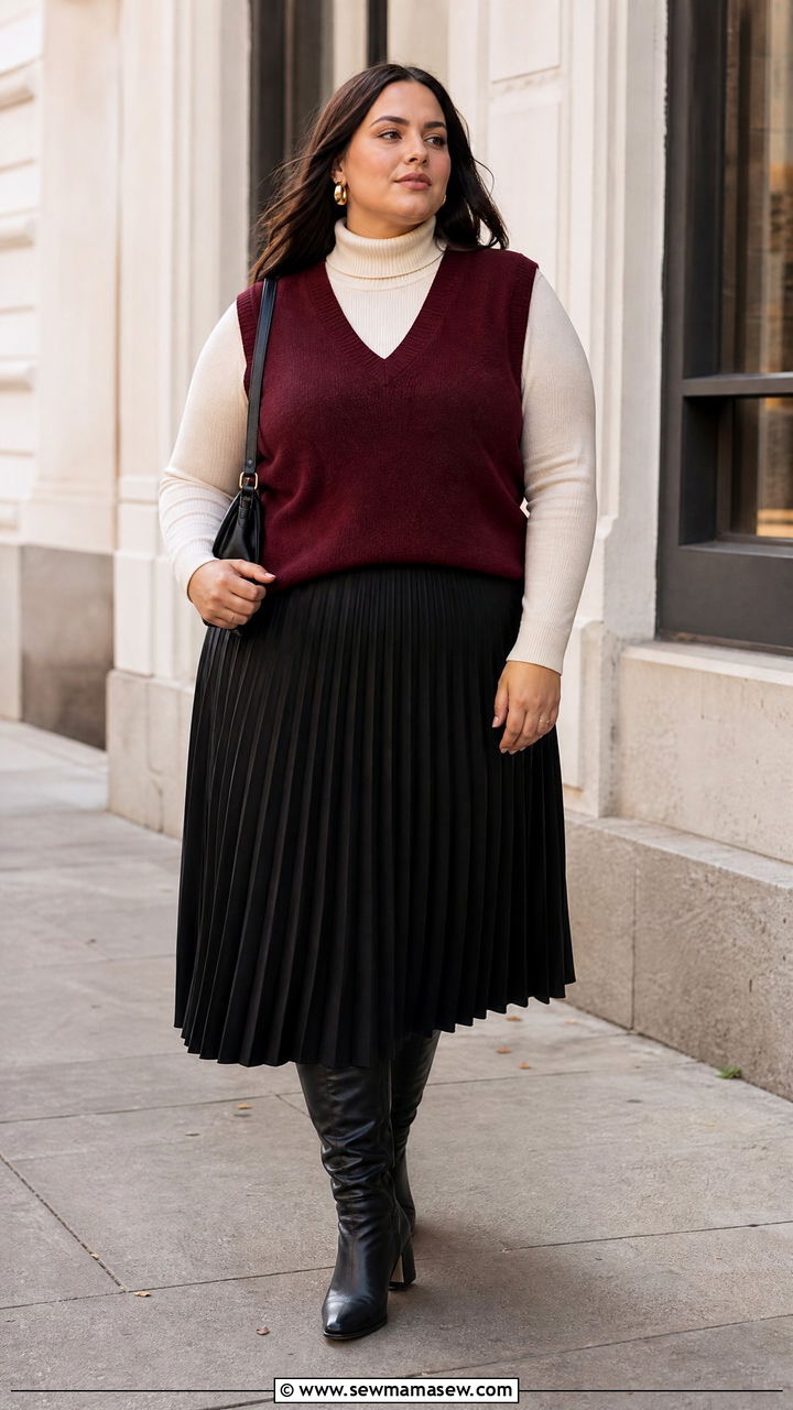 Plus Size Sweater Vest With Pleated Midi Skirt - 20 plus size sweater vest outfit ideas