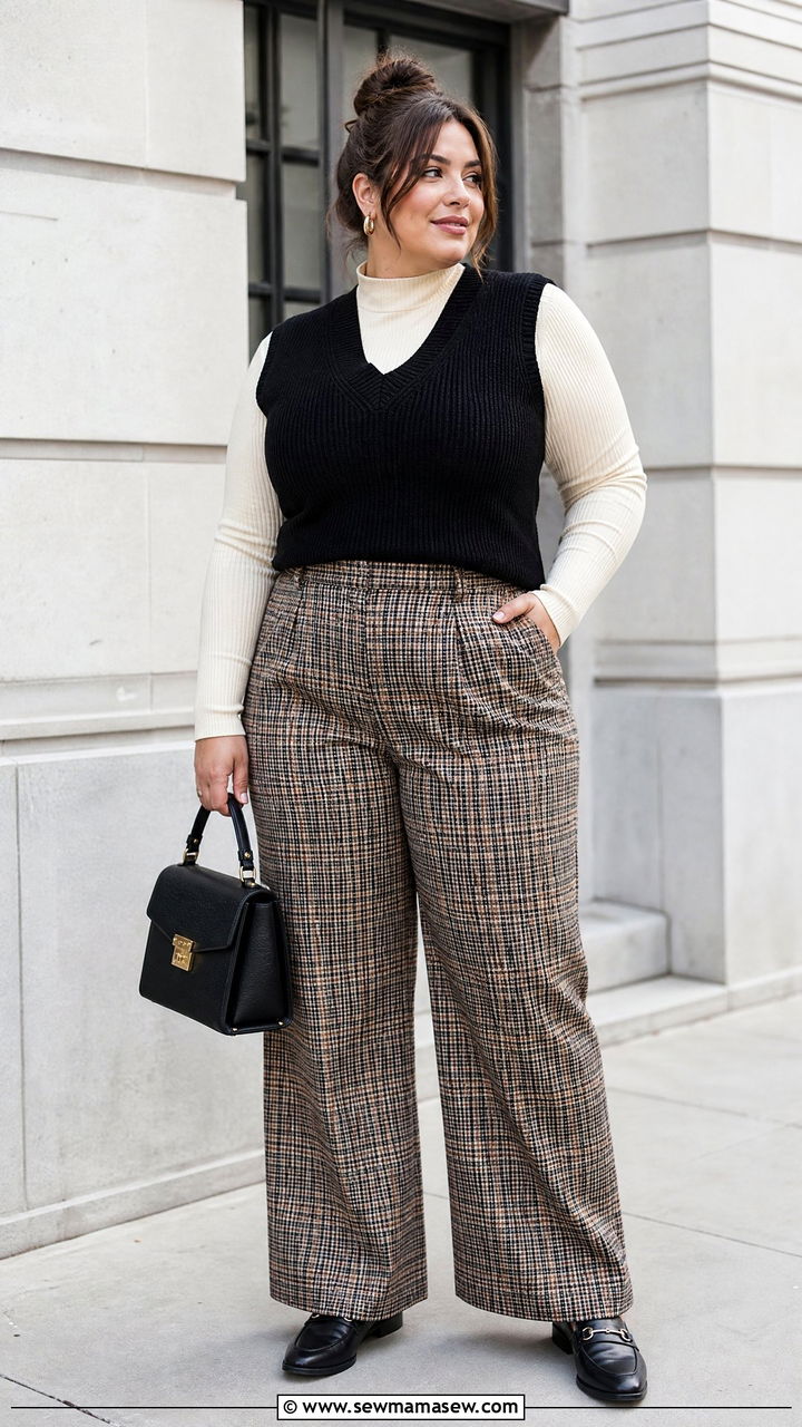 Plus Size Sweater Vest With Printed Pants - 20 plus size sweater vest outfit ideas