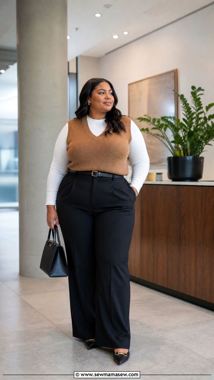 Plus Size Sweater Vest With Wide Leg Trousers - 20 plus size sweater vest outfit ideas