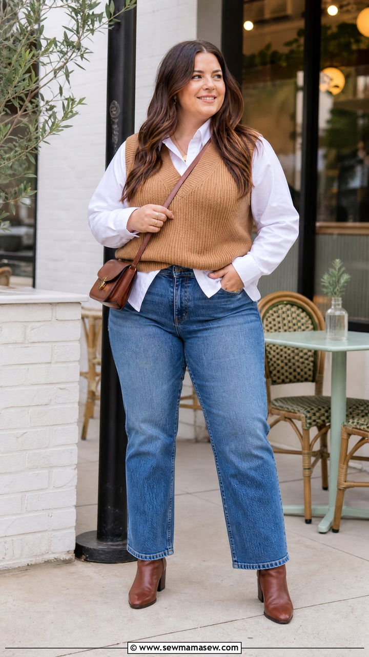 Plus Size Sweater Waistcoat Top With Jeans - 20 plus size waistcoat top outfit ideas