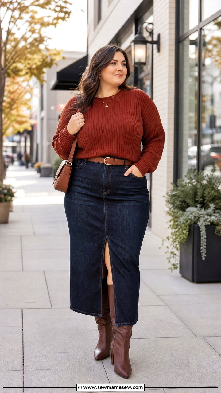 Plus Size Sweater With Denim Midi Skirt - 20 plus size fall sweater outfit ideas