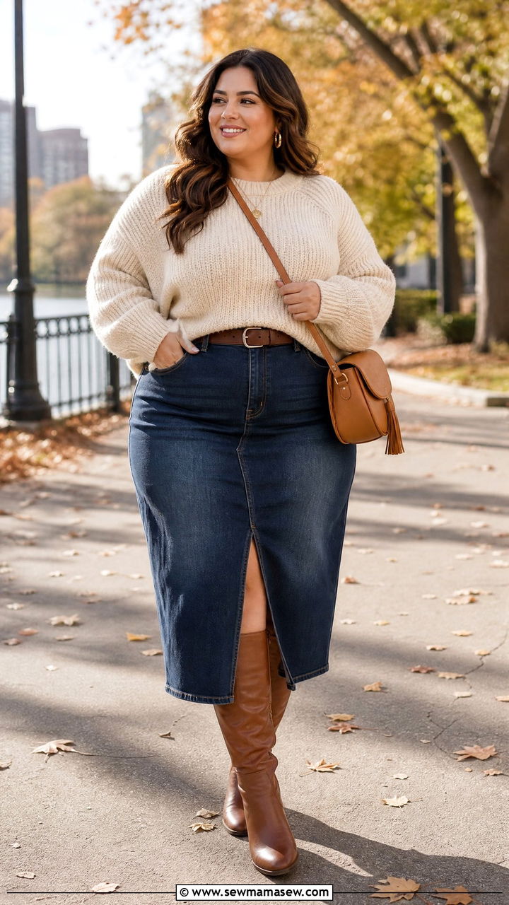 Plus Size Sweater With Denim Skirt - 20 plus size fall fashion outfit ideas