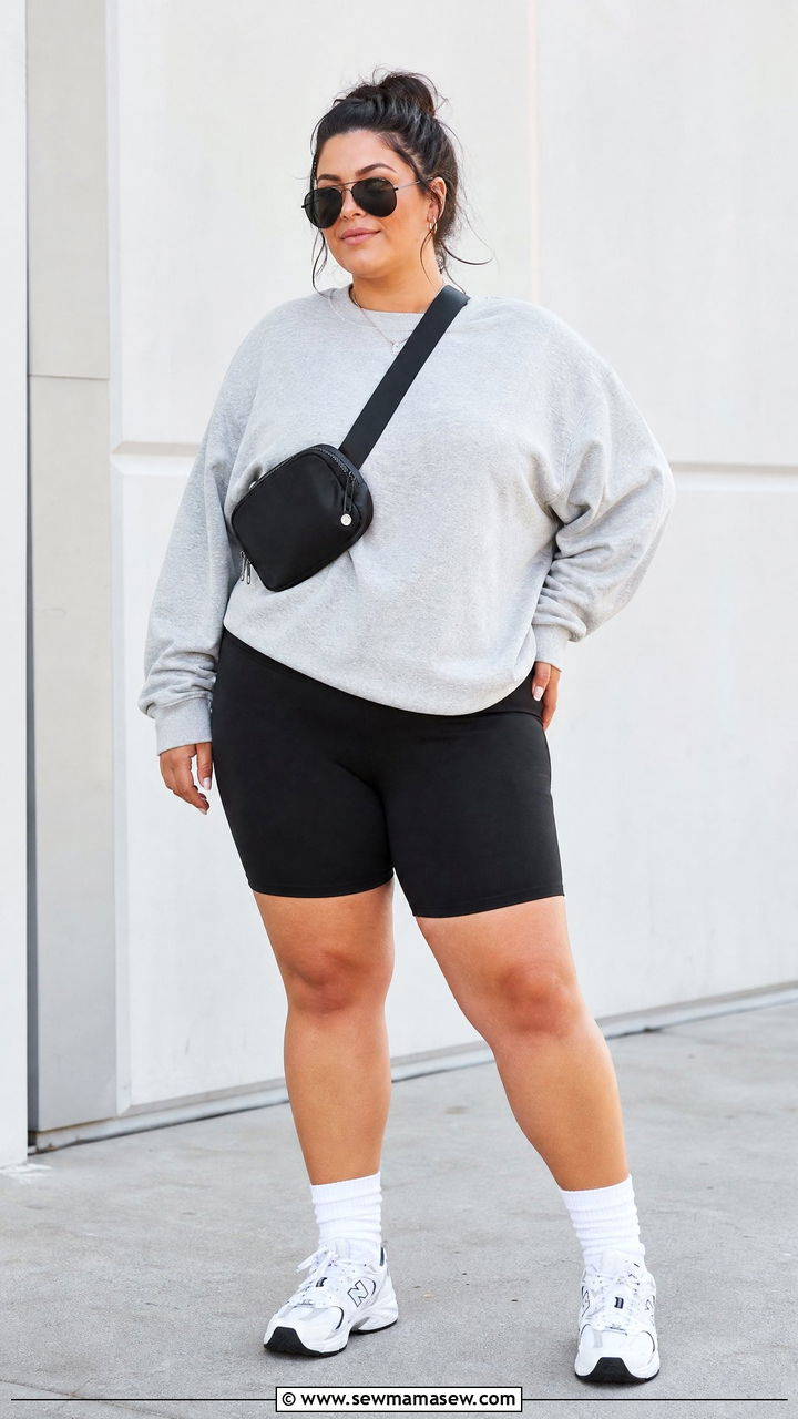 Plus Size Sweatshirt And Bike Shorts With Sneakers - 20 plus size outfit ideas with sneakers