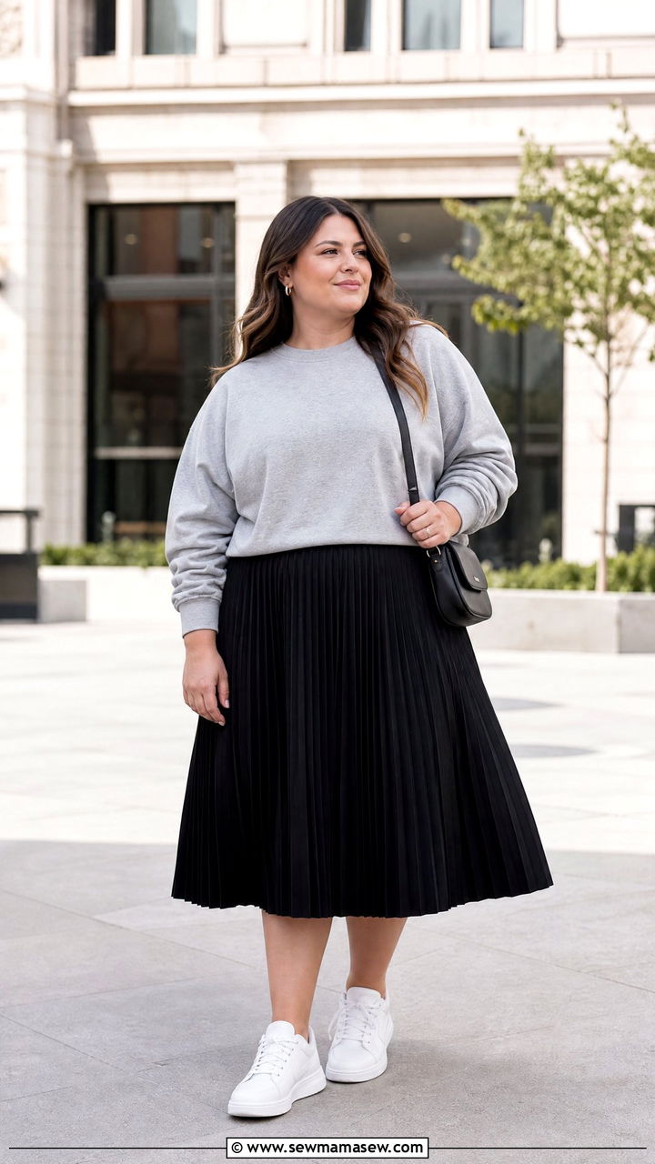 Plus Size Sweatshirt And Pleated Skirt Outfit - 20 comfy plus size outfit ideas
