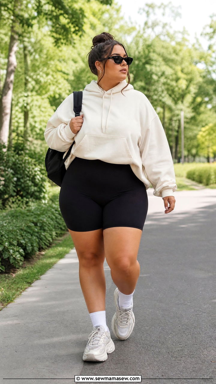 Plus Size Sweatshirt With Biker Shorts - 20 plus size sweatshirt outfit ideas