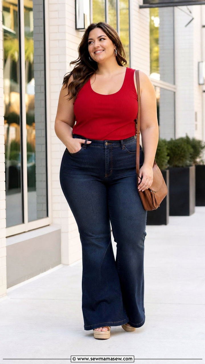 Plus Size Sweetheart Neck Top With Flare Jeans - 20 plus size tops for big bust outfit ideas