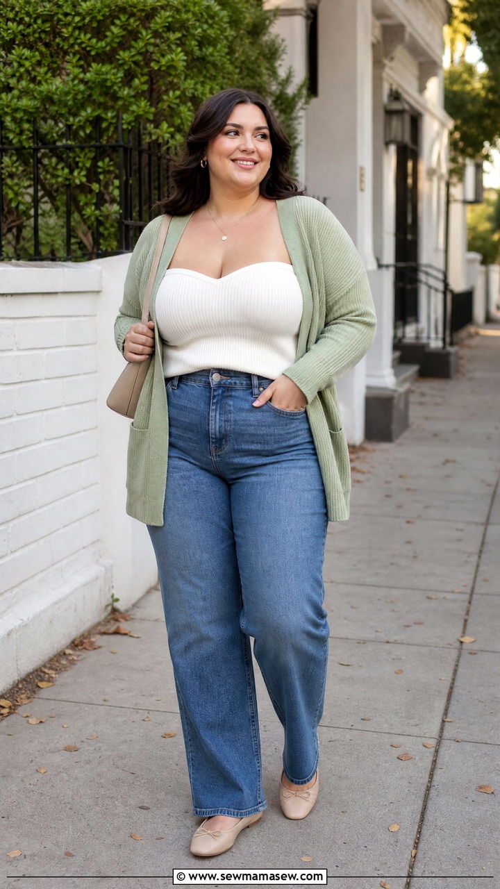 Plus Size Sweetheart Neckline Top With A Cardigan And Jeans - 20 plus size sweetheart neckline top outfit ideas