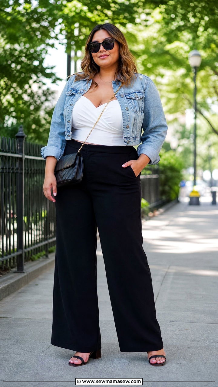 Plus Size Sweetheart Neckline Top With A Denim Jacket - 20 plus size sweetheart neckline top outfit ideas