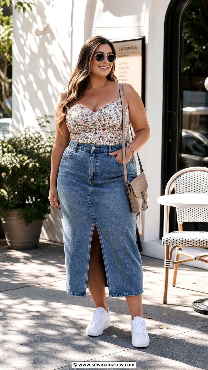 Plus Size Sweetheart Neckline Top With A Denim Skirt - 20 plus size sweetheart neckline top outfit ideas