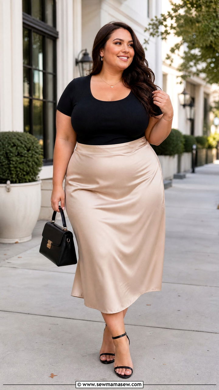 Plus Size Sweetheart Neckline Top With A Midi Skirt - 20 plus size sweetheart neckline top outfit ideas