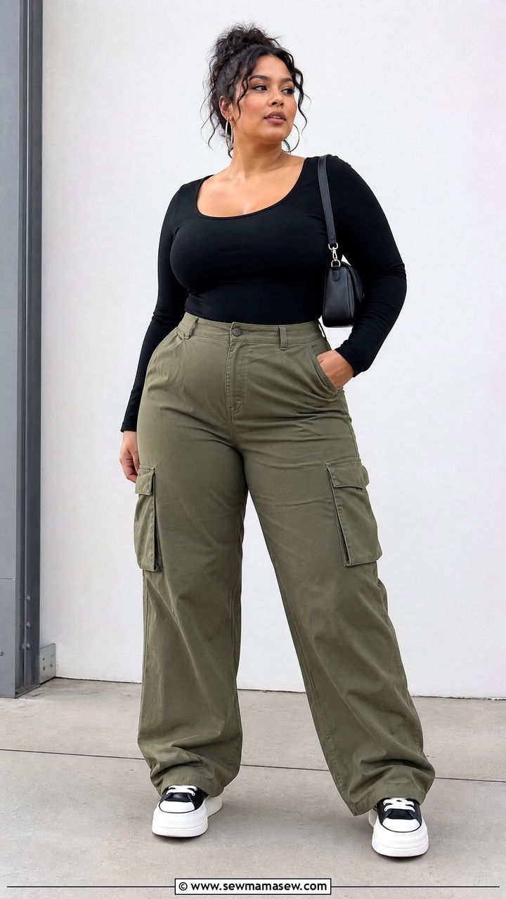 Plus Size Sweetheart Neckline Top With Cargo Pants - 20 plus size sweetheart neckline top outfit ideas