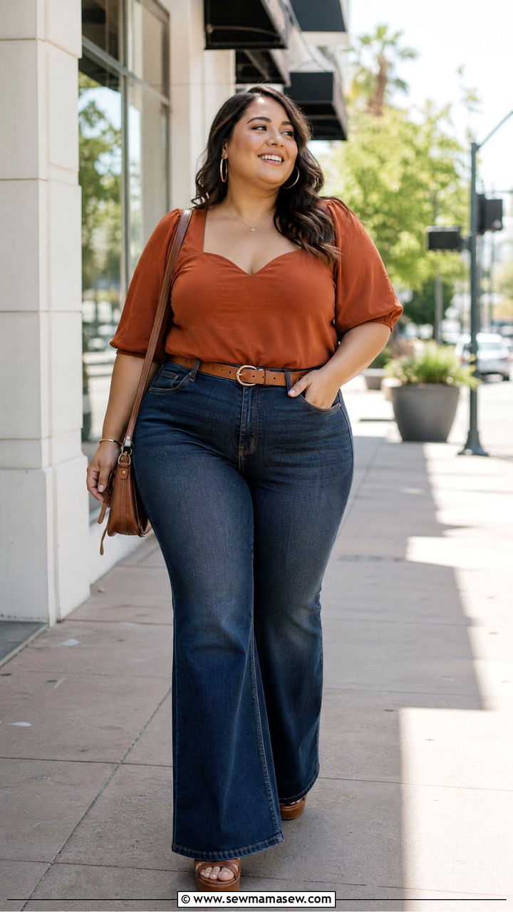 Plus Size Sweetheart Neckline Top With Flare Jeans - 20 plus size sweetheart neckline top outfit ideas