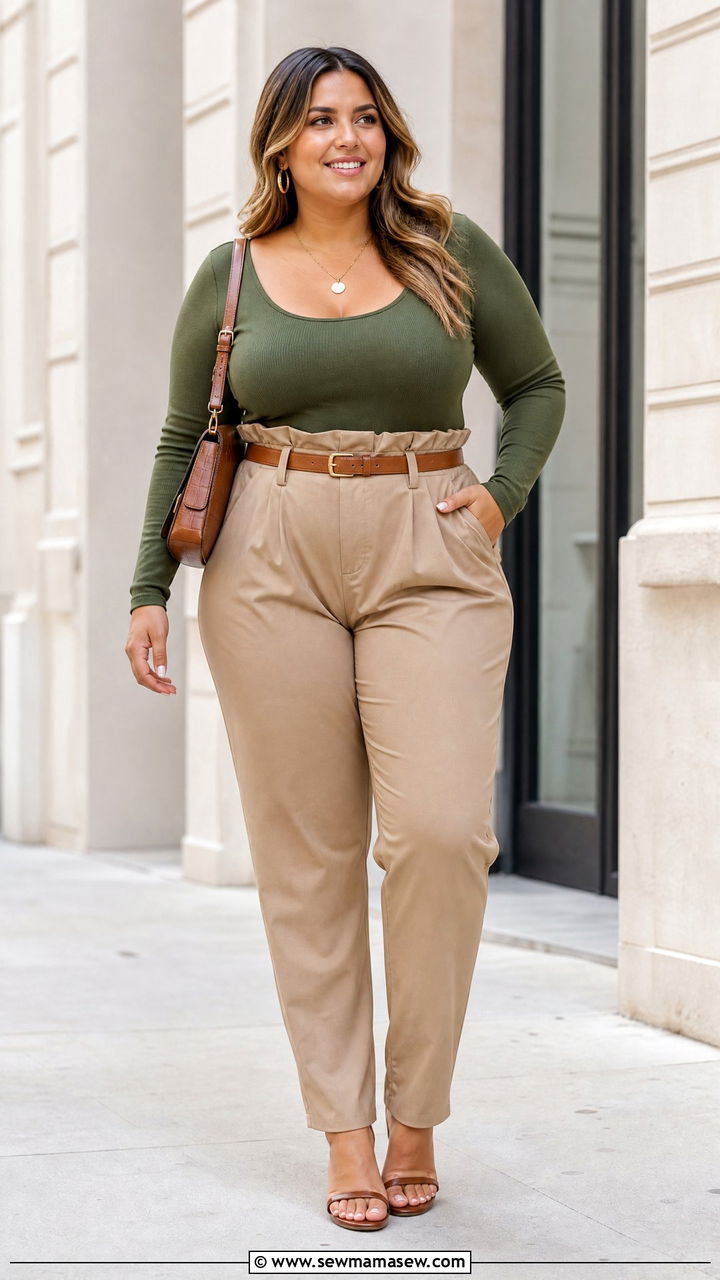 Plus Size Sweetheart Neckline Top With Paperbag Pants - 20 plus size sweetheart neckline top outfit ideas